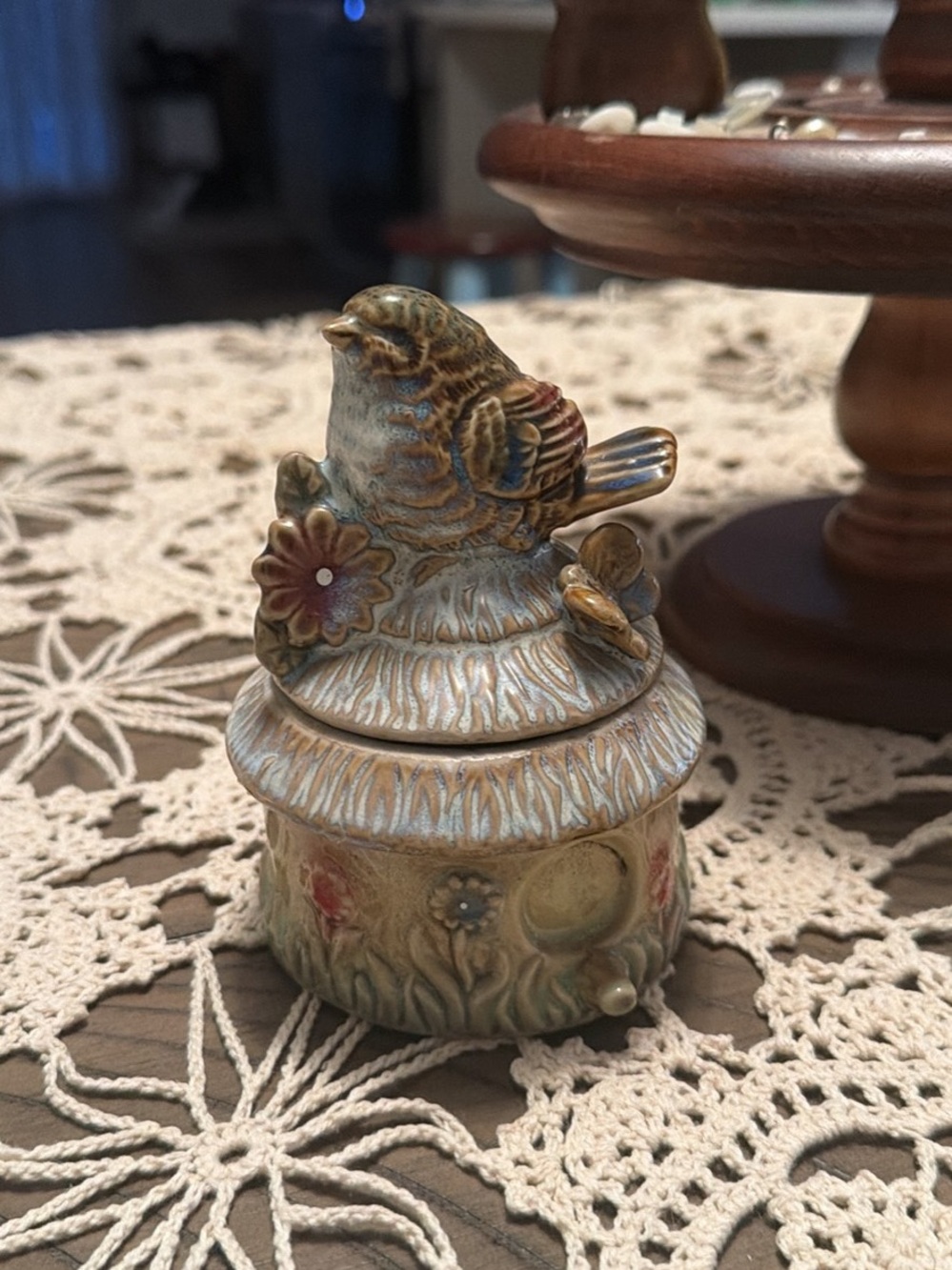 Hand-Painted Ceramic Bird Trinket Box in Beige and Light Blue